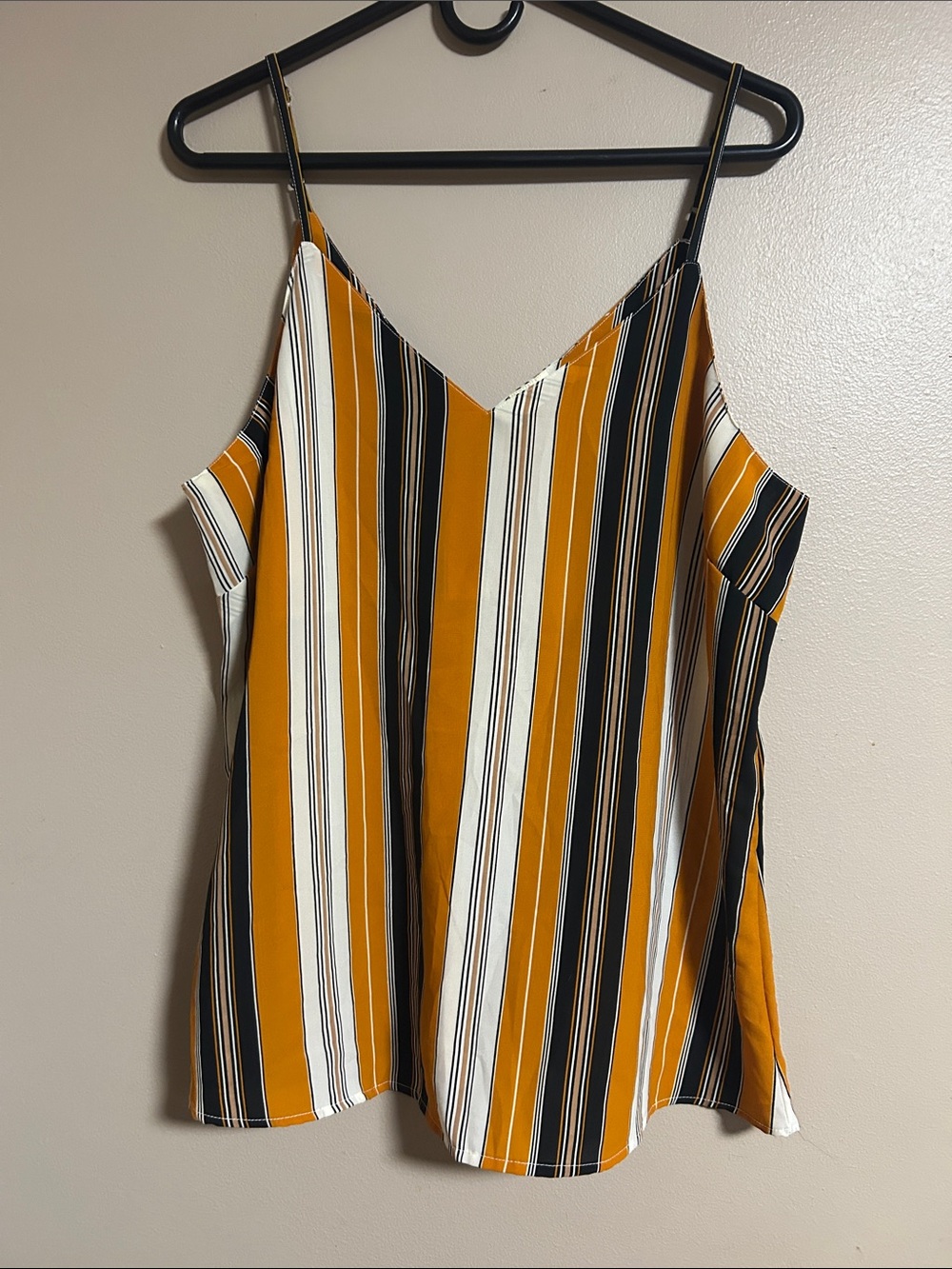 Japna Vertical Stripe V-Neck Spaghetti Strap Tank - Mustard/Black/White